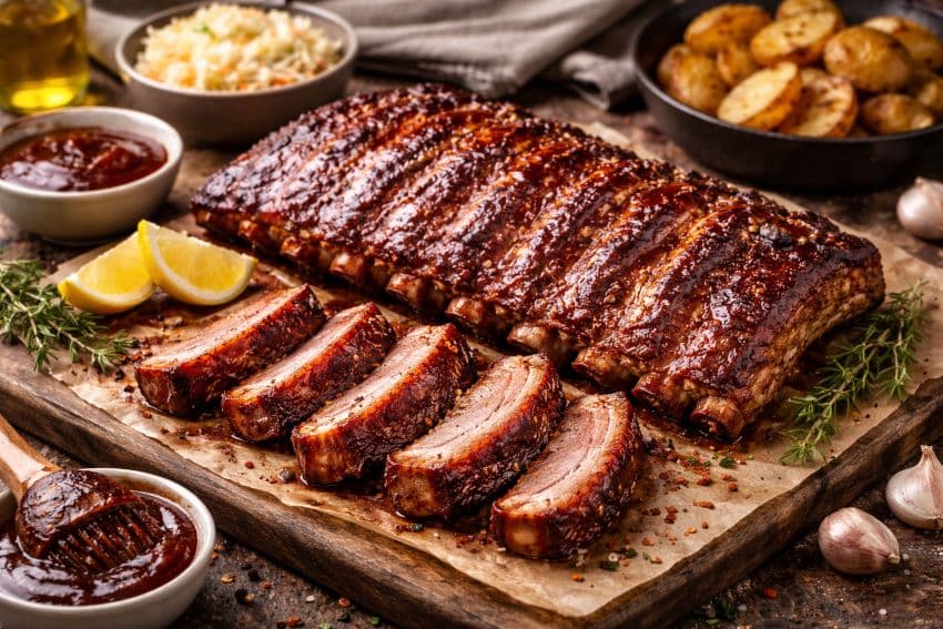 Соковиті ребра на дерев'яному підносі, запечені в духовці Соковиті ребра на дерев'яному підносі, запечені в духовці