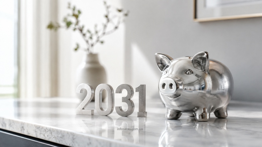 Серебряная свинья и 2031 в светлом интерьере