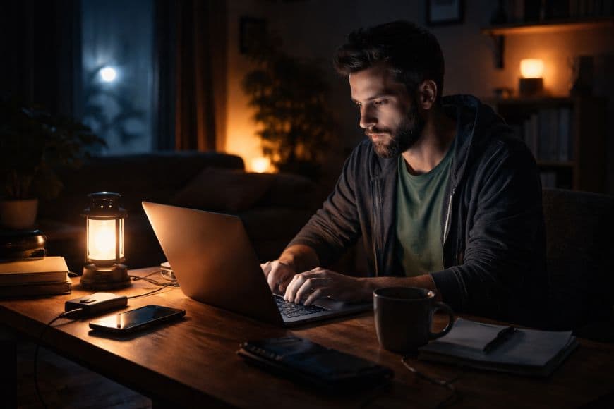 Чоловік працює на ноутбукі вночі при свічках Чоловік працює на ноутбукі вночі при свічках