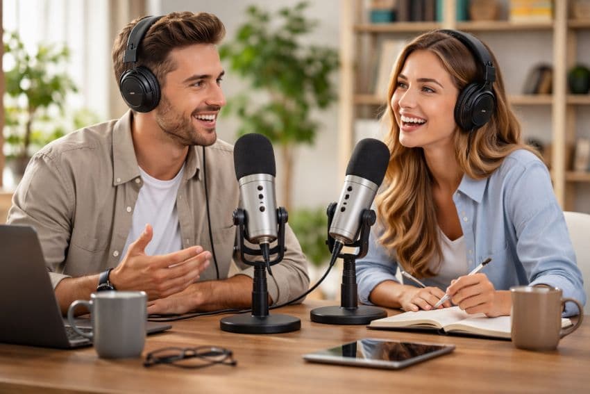 Чоловік та жінка говорять в мікрофони в студії