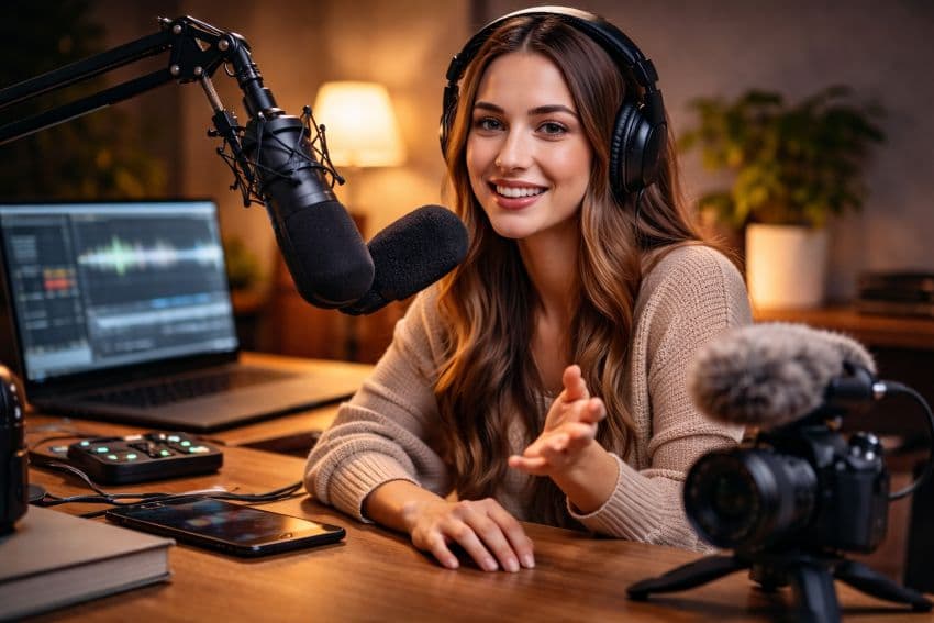 Дівчина веде запис перед мікрофоном в домашній студії