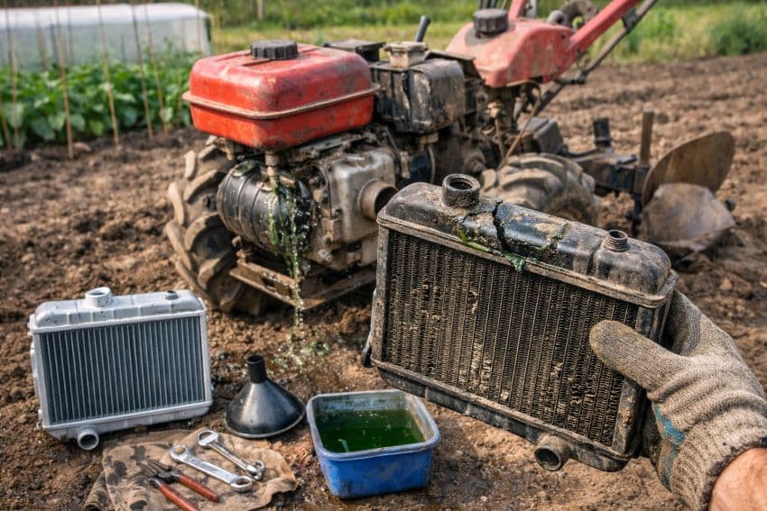 Ремонт мотоблоку на полі &ndash; заміна зламаного радіатора