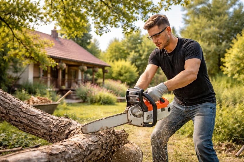 Чоловік пиляє дерево ланцюговою пилкою в саду Чоловік пиляє дерево ланцюговою пилкою в саду