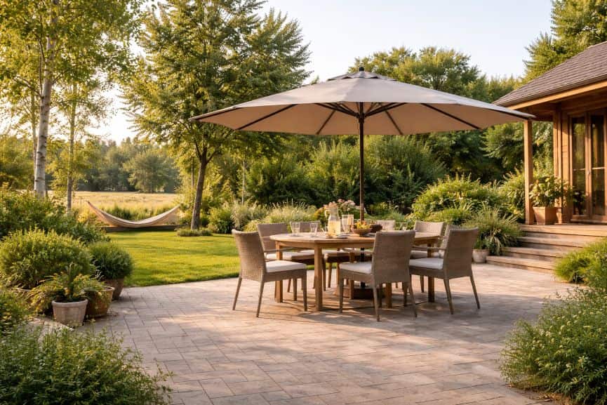 Терраса на даче с комфортной обстановкой вечера