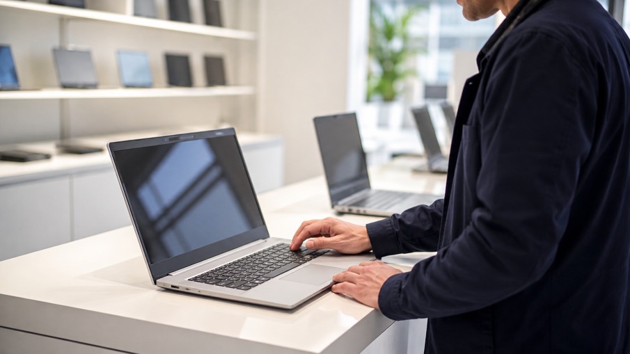 Мужчина тестирует ноутбук Samsung Galaxy Book Go перед покупкой Мужчина тестирует ноутбук Samsung Galaxy Book Go перед покупкой