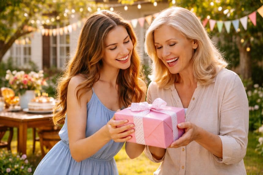 Дочь дарит подарок маме на день рождения