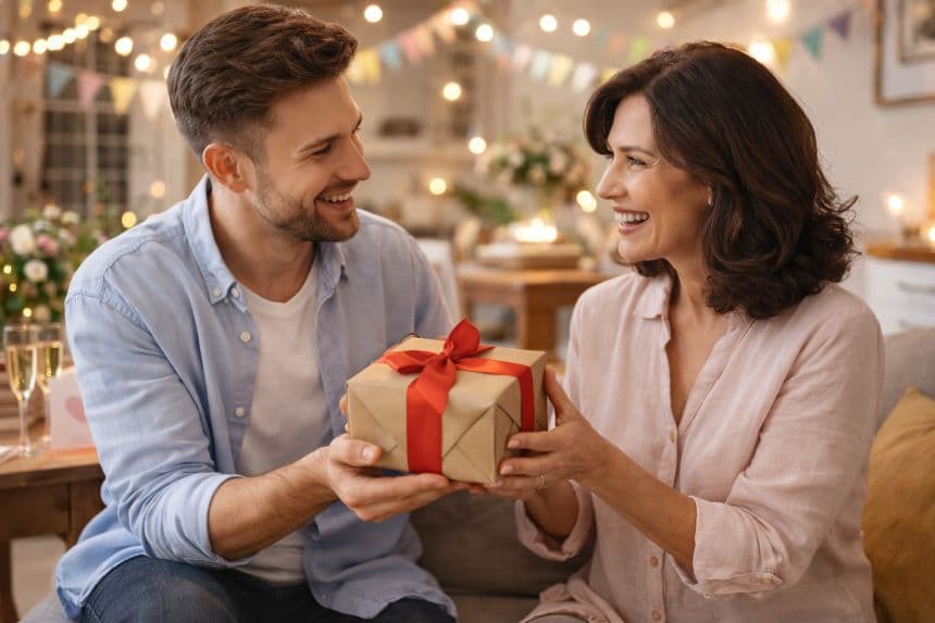 Сын дарит подарок маме на день рождения