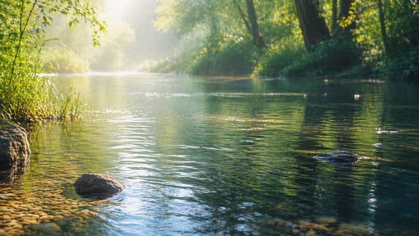 Тиха річка в лісі на світанку