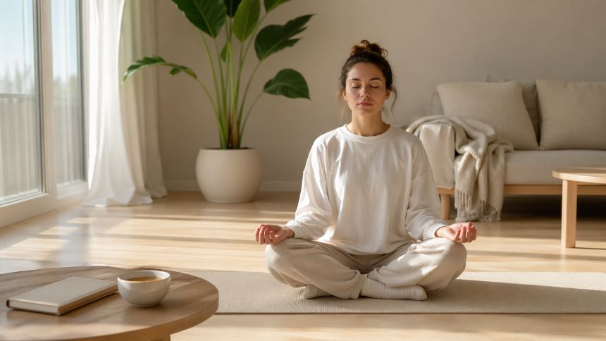 Жінка, яка займається медитацією, практикуючи усвідомленість та спокій
